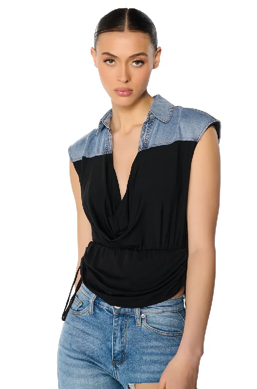 BLAME GAME DENIM DETAIL CAP SLEEVE ADJUSTABLE BLOUSE IN BLACK