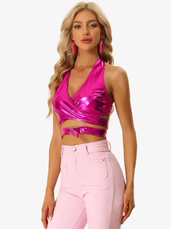 Metallic Halter Neck Deep V Neck Backless Holographic Crop Top